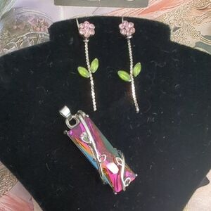 ✨ Sterling Silver Enamel Flower Earrings & Mystic Topaz Pendant Set Vintage 925